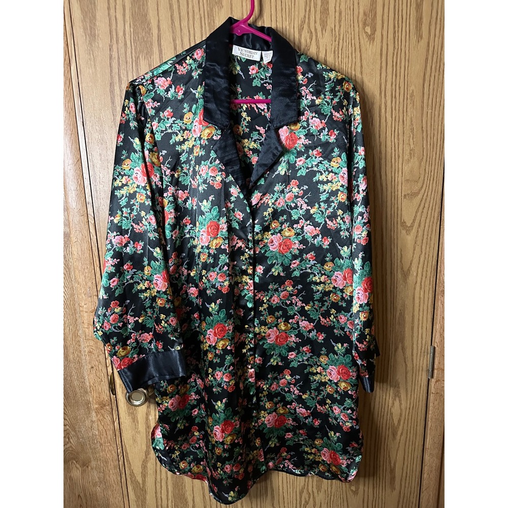 Vintage Victorias Secret Gold Label Floral Satin Sleep Shirt Nightgown Black S